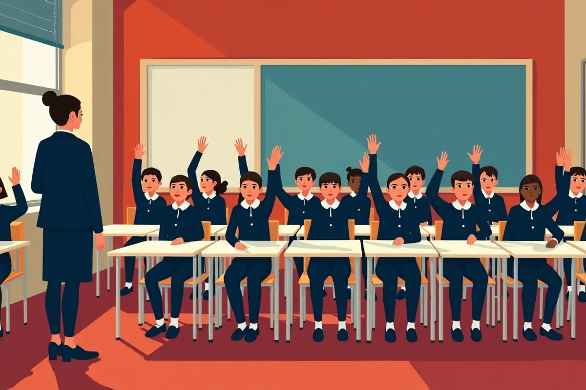 Russian classroom on the first day of term, pupils raising their hands