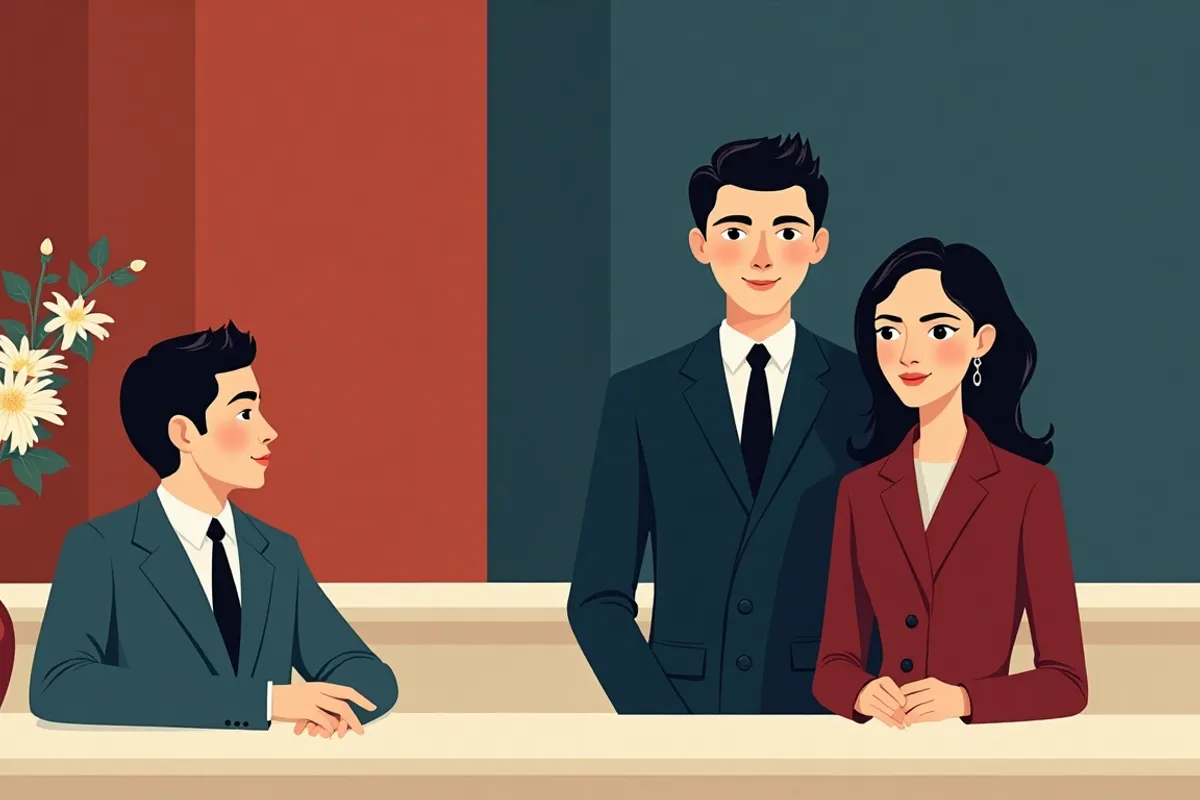 A couple standing at a Russian registry office desk facing a seated clerk