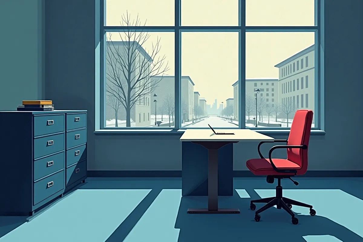 Bureau administratif vide avec fenêtre sur la neige