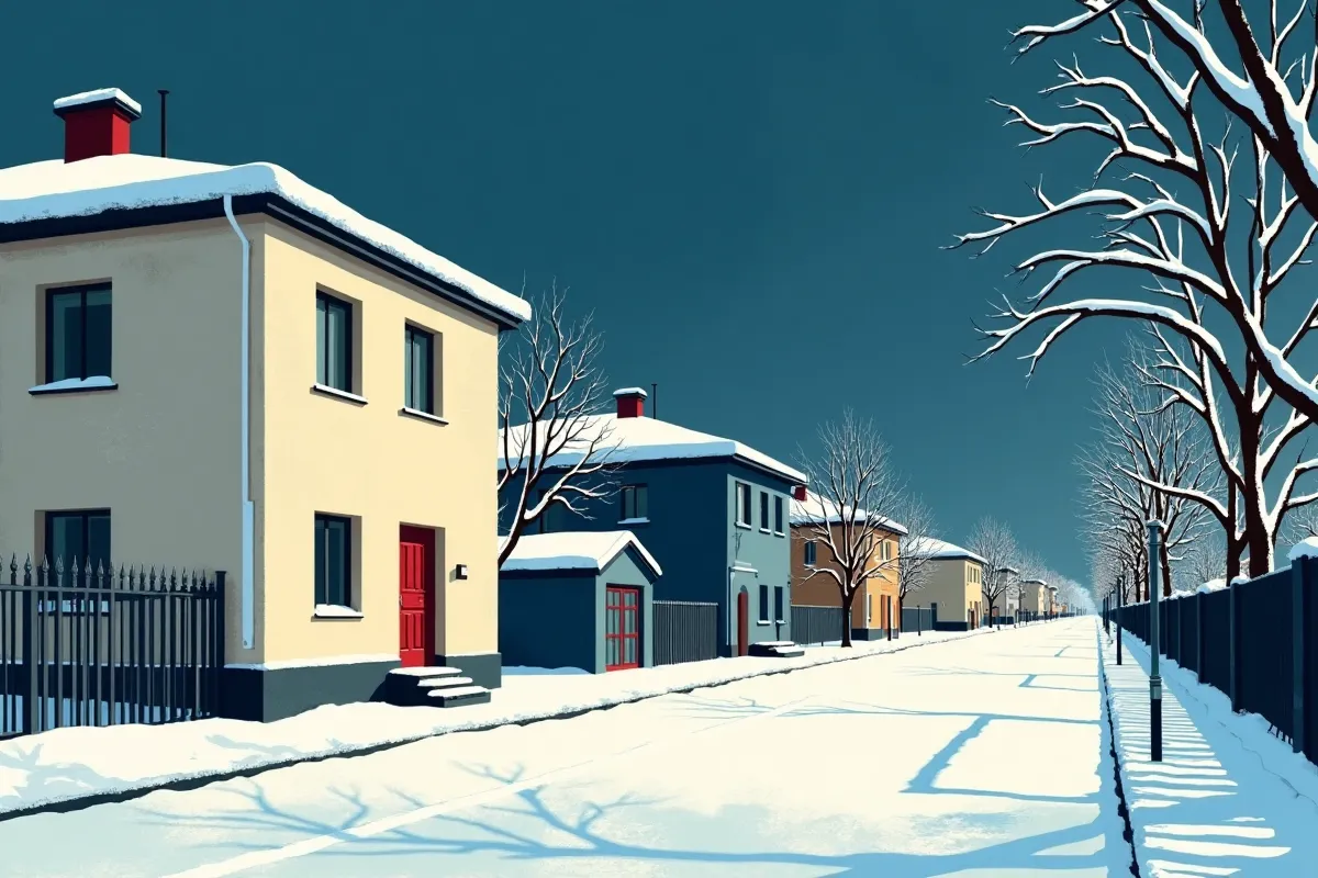 Rue résidentielle enneigée au crépuscule