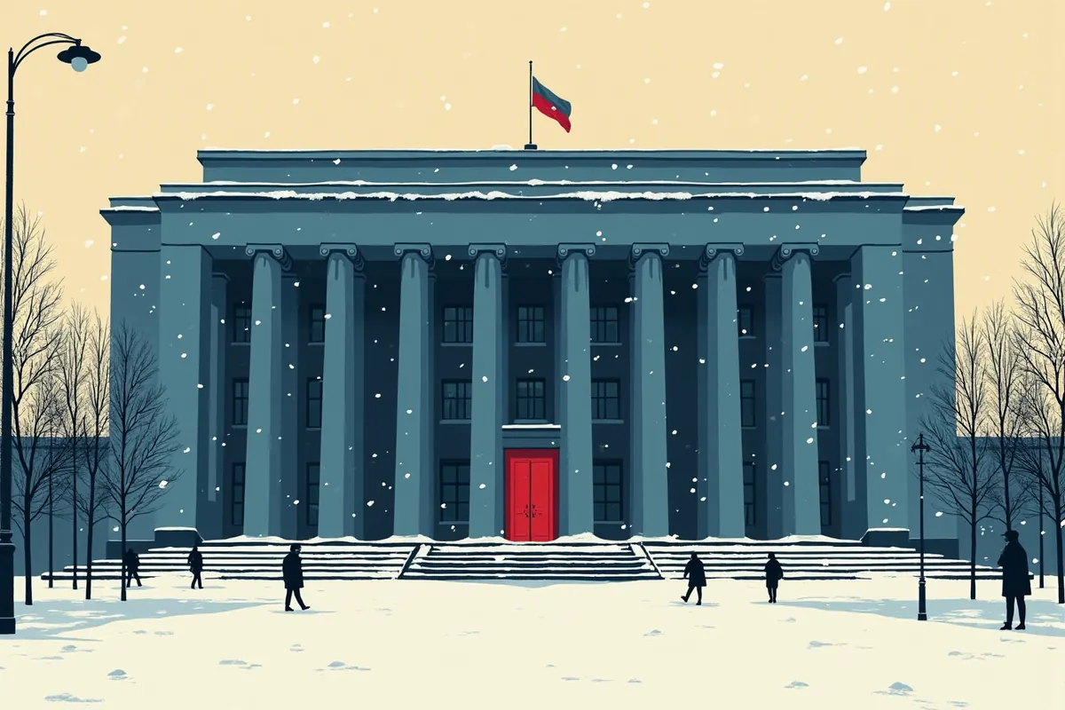 Façade d'un bâtiment administratif russe sous la neige, file d'attente à l'entrée
